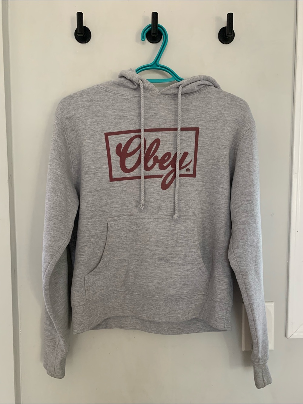 Obey Unisex Gray Hoodie with Maroon Logo